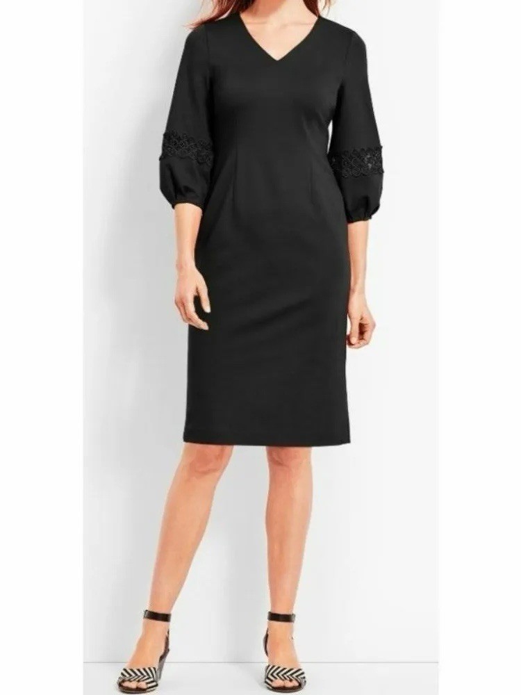 NWT Talbots Women’s Size 2P Black Rayon Blend Embroidered Sleeve Sheath Dress NWT Talbots Women’s Size 2P Black Rayon Blend Embroidered Sleeve Sheath Dress