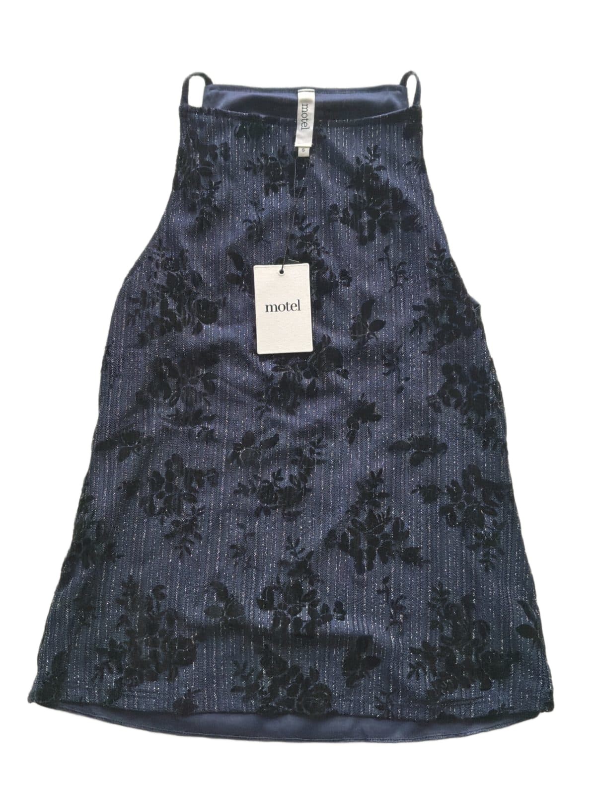 Motel Rocks Damske Vest Top Navy Flocked Floral Shimmer Halter Size S NWT Motel Rocks Damske Vest Top Navy Flocked Floral Shimmer Halter Size S NWT