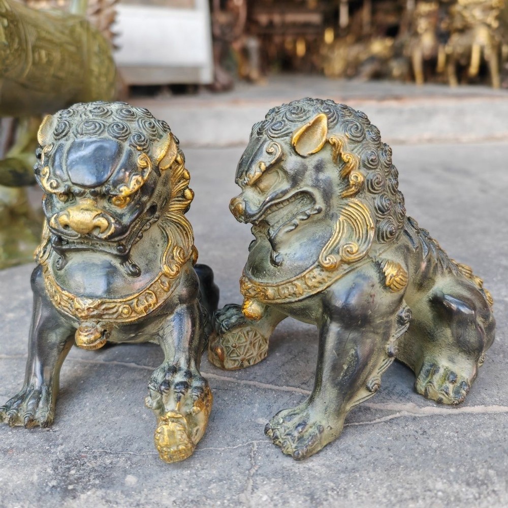 1 Pair Fengshui Guardion Fu Foo Dogs Lion Statue Antique old Bronze Lions Door 1 Pair Fengshui Guardion Fu Foo Dogs Lion Statue Antique old Bronze Lions Door