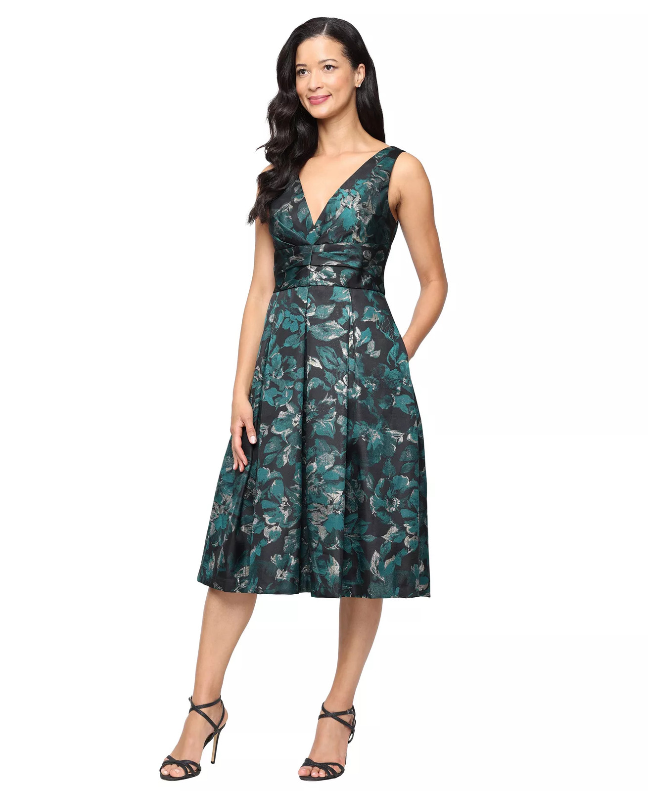 Alex Evenings Petite Cocktail Dress 8P Black Green Floral Metallic Pleated NWT Alex Evenings Petite Cocktail Dress 8P Black Green Floral Metallic Pleated NWT