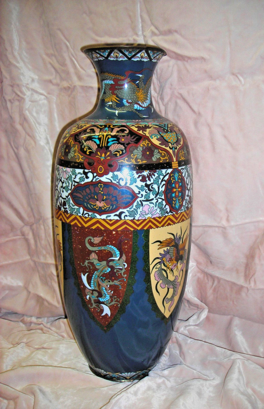 Large Antique Meiji Japanese Cloisonne Dragon Ho-o Phoenix Shield Vase 18” Large Antique Meiji Japanese Cloisonne Dragon Ho-o Phoenix Shield Vase 18”