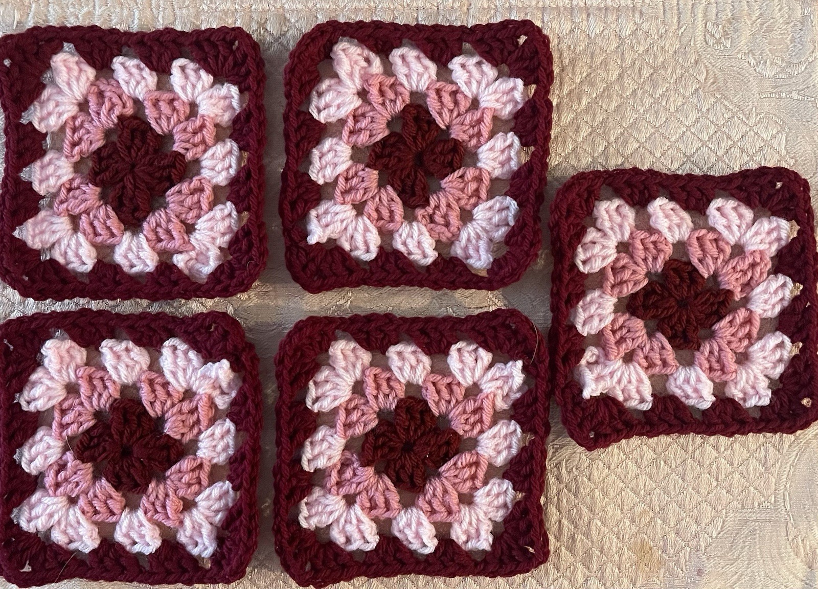 5 Crochet GRANNY  SQUARES 5” Coffee & Candle Mats/Patches/baseball Caps/Purse