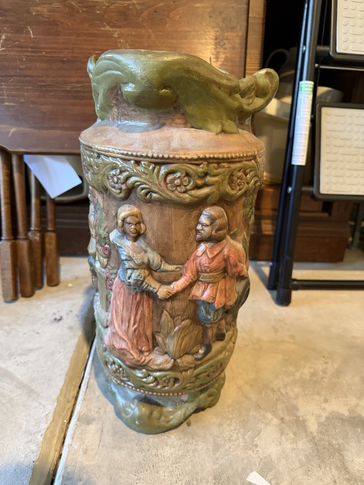 Umbrella Stand Medieval Hunting Scene Boar  Chalkware Vintage Hand painted