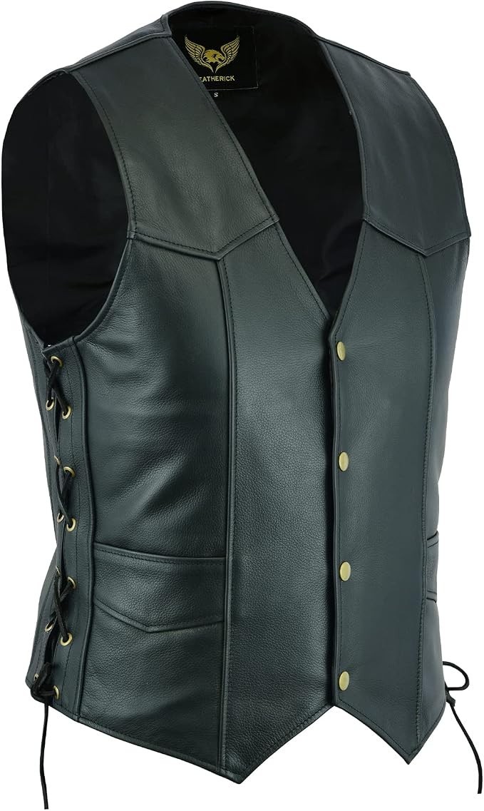 Mens Black Genuine Leather Motorcycle Vest-Multi Pockets Biker Style ANARCHY SOA
