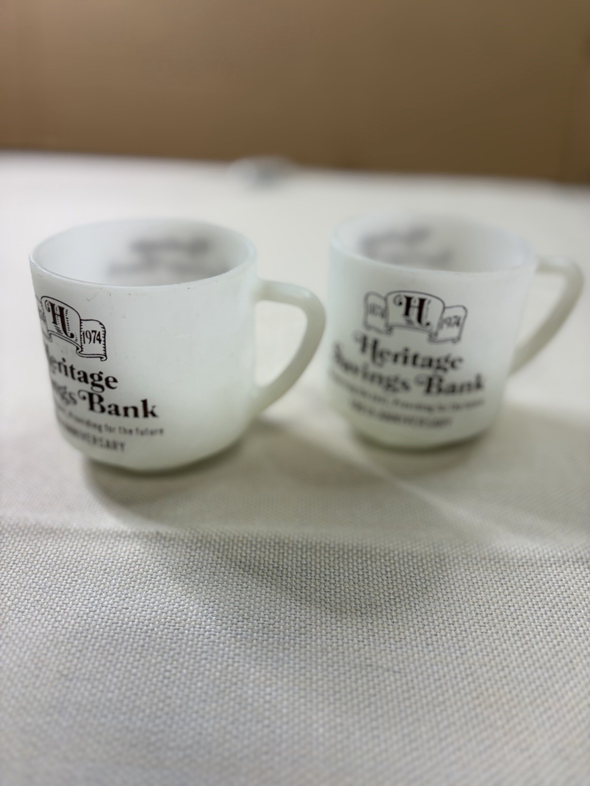 VTG. Federal Milk Glass Mugs Set Of 2 Heritage Savings Bank 1974 Heat Proof USA