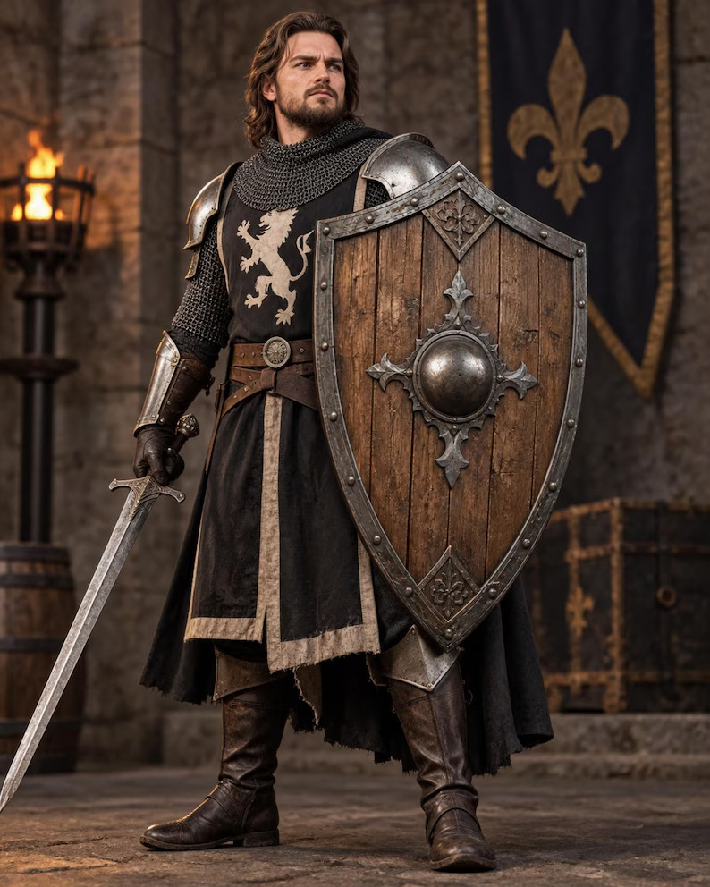 Medieval Wooden Shield Gothic Knight Wall Decor Rustic Castle Armor Display Gift