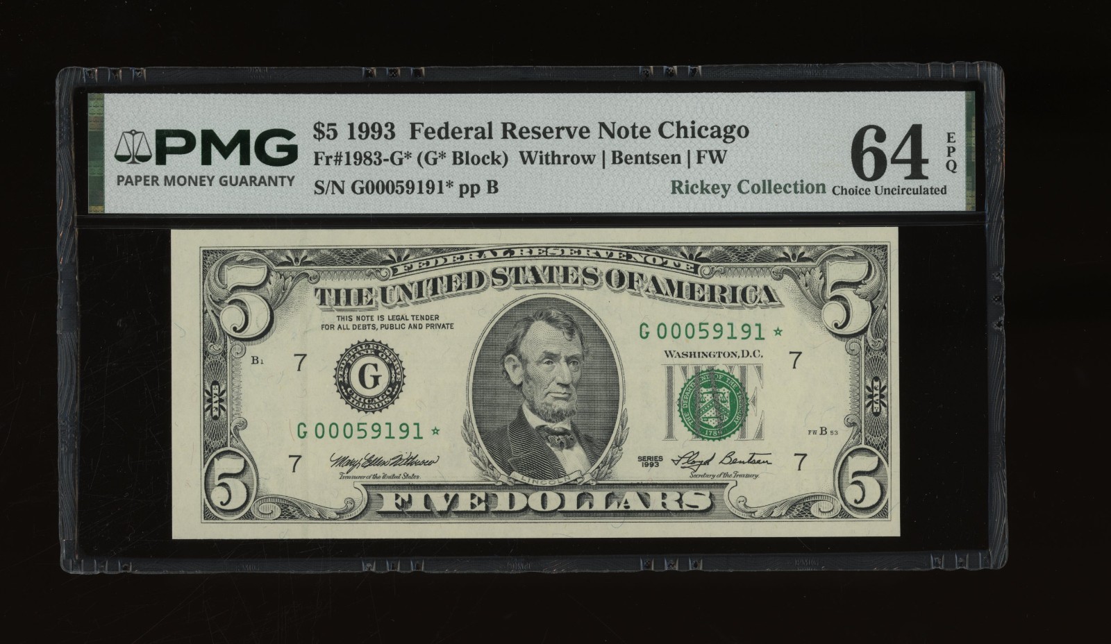 DBR 1993 $5 Chicago STAR Fr. 1983-G* PMG 64 EPQ Serial G00059191*