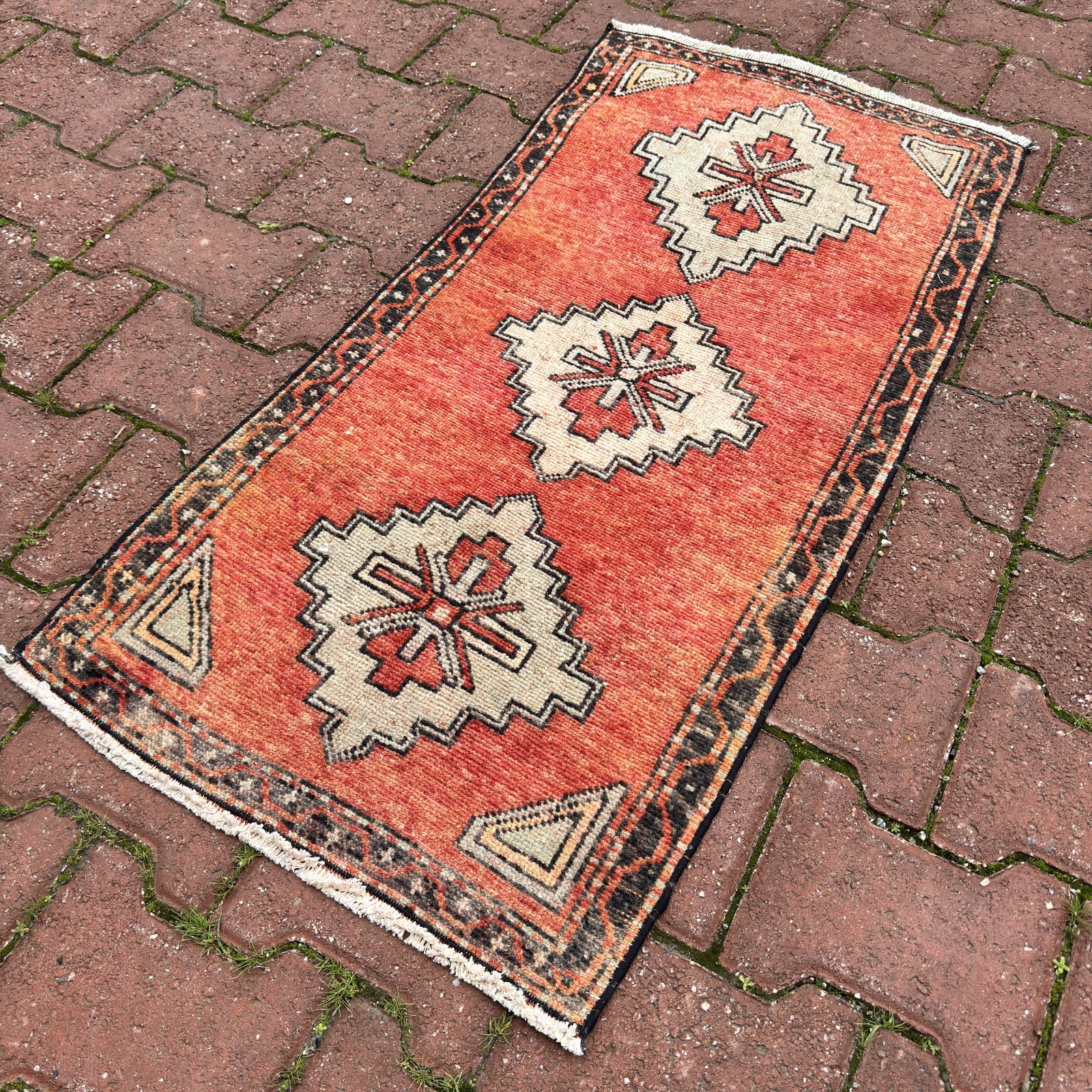 1.7x3.5 Vintage Turkish Rug Handmade Wool Faded Geometric Accent Rug-Tariff Free