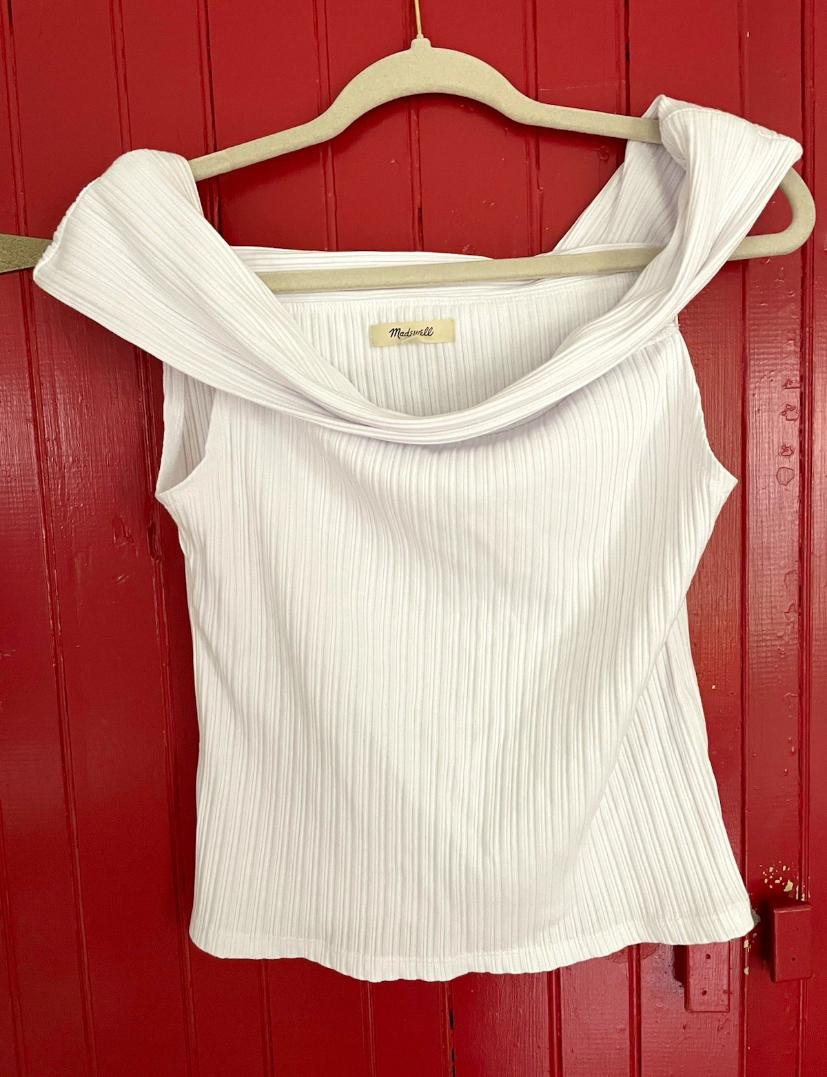 Madewell White Ribbed Knit off the shoulder Sleeveless Tank Top Stretch M