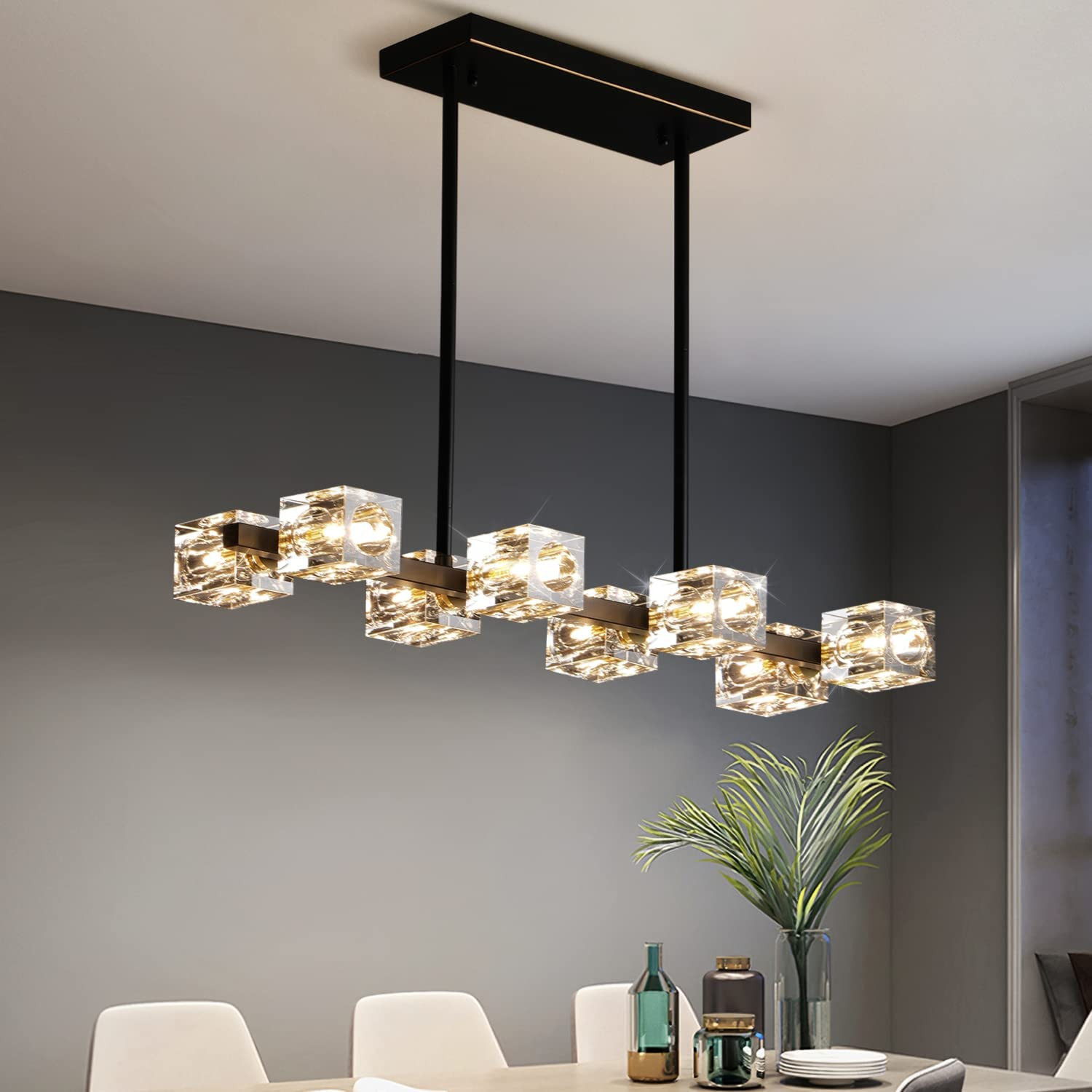 Modern Crystal Chandelier for Dining Room,8 Light Black and Gold Linear Dining R