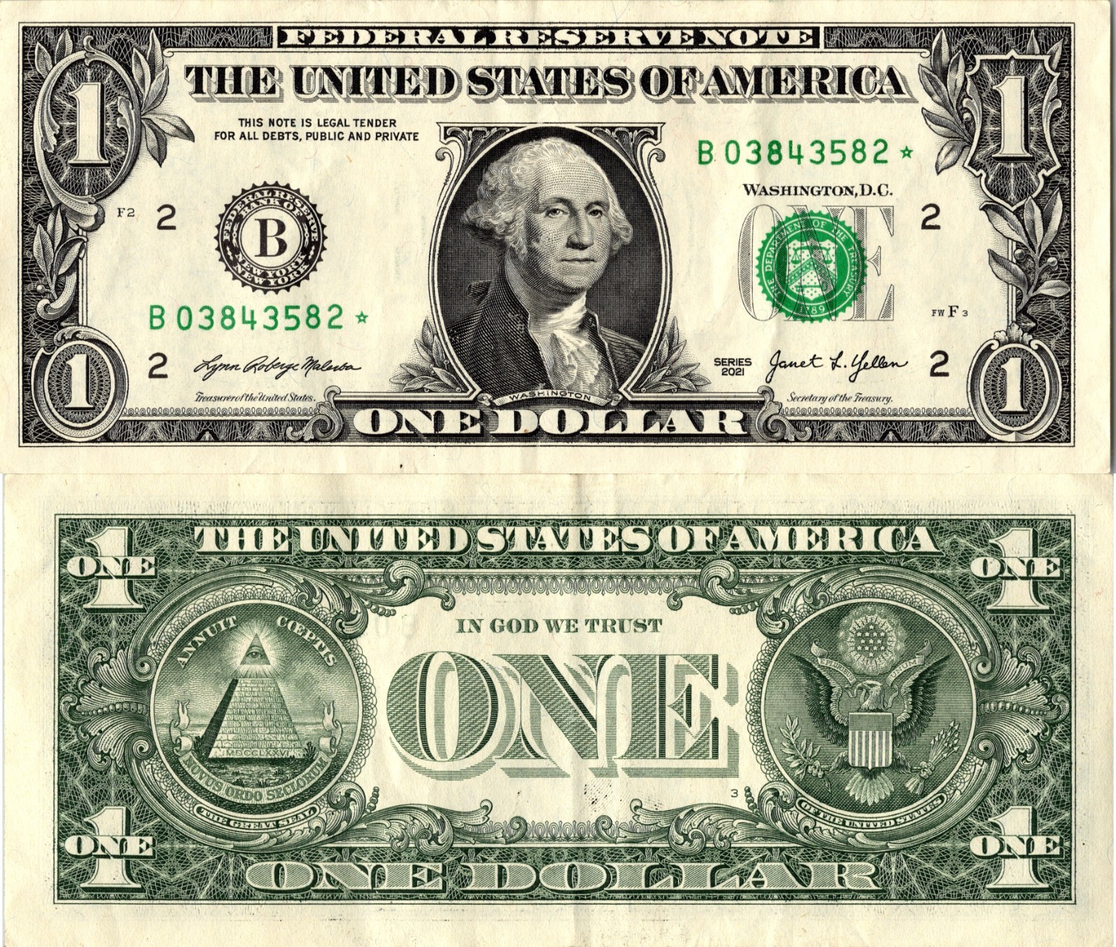 2021 B $1 Star Note B03843582* Regular Run 3.2M Pack Run 2 of 3 VF/XF