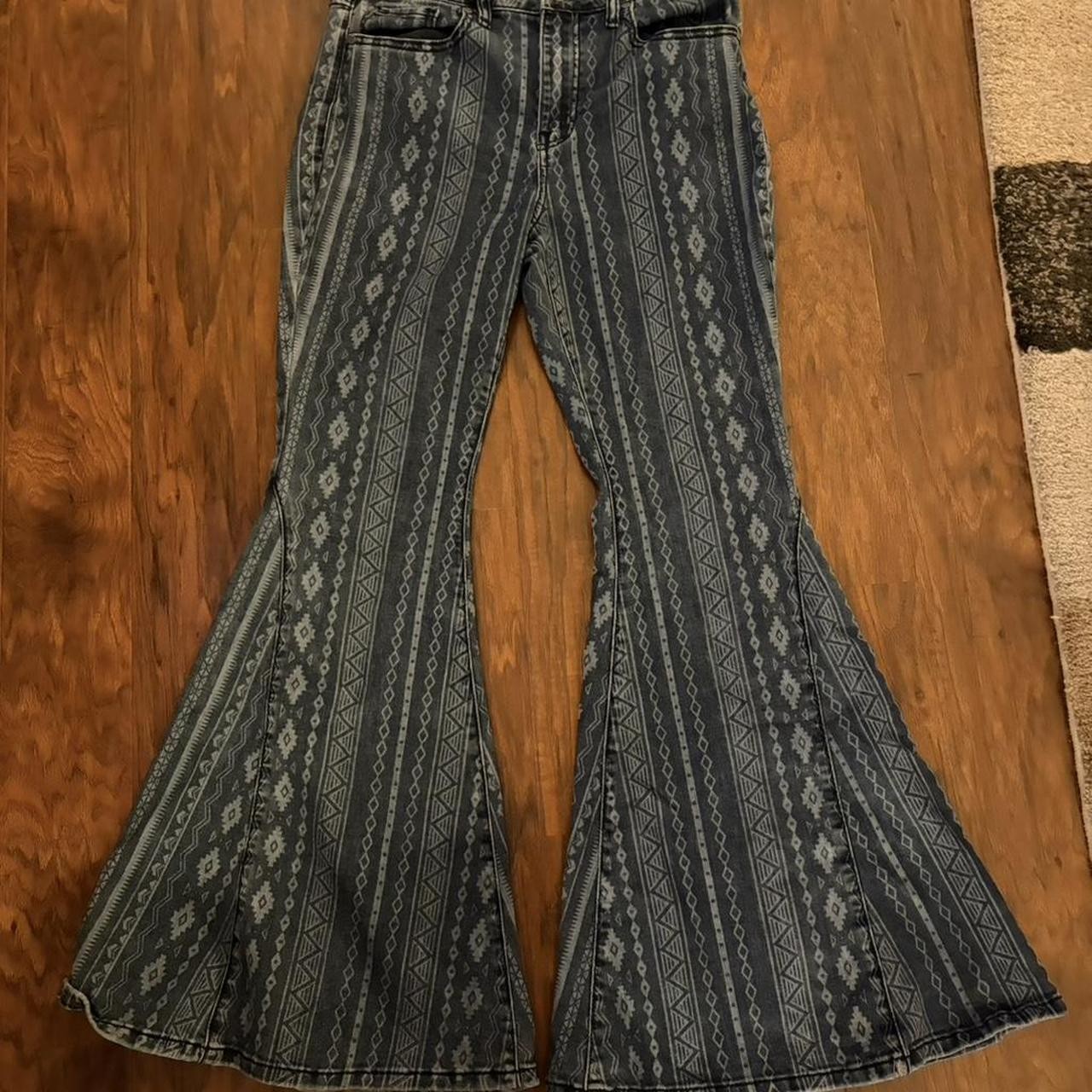 Shyanne wide leg bell bottom jeans with sick Aztec print Shyanne wide leg bell bottom jeans with sick Aztec print
