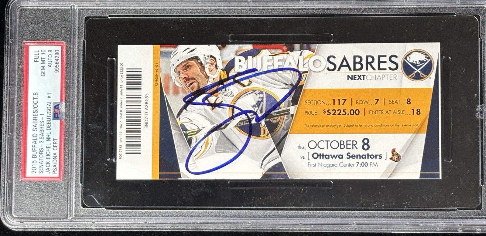 Jack Eichel Signed NHL Debut Rookie Ticket NHL Debut PSA 6/10 EX MT GEM 10 AUTO Jack Eichel Signed NHL Debut Rookie Ticket NHL Debut PSA 6/10 EX MT GEM 10 AUTO