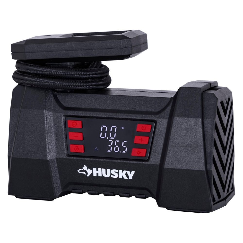 Husky 12-Volt DC Portable Air Compressor w/ Digital Pressure Gauge & LED Light Husky 12-Volt DC Portable Air Compressor w/ Digital Pressure Gauge & LED Light