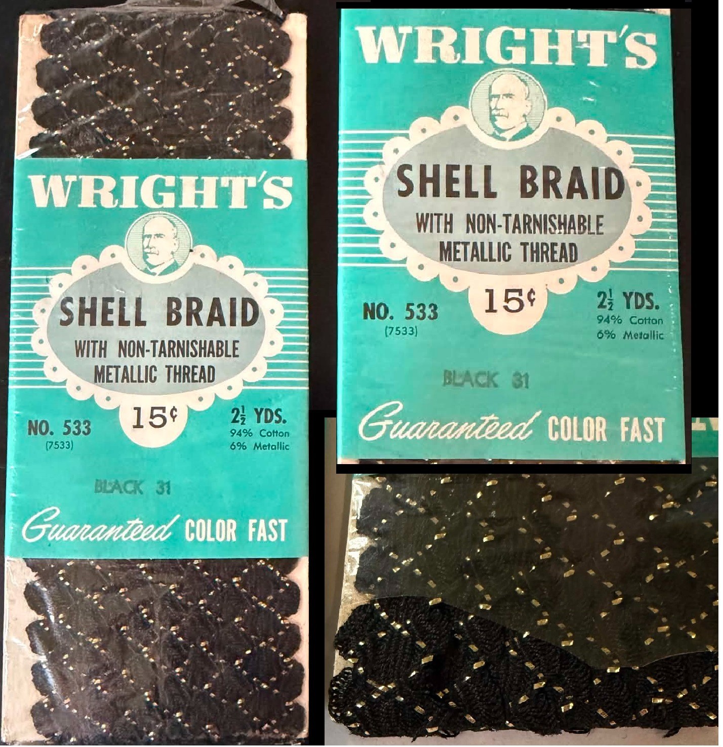 Vintage Wrights Shell Braid Black Metallic Trim No 533 Lot 2 Packages 5 Yards