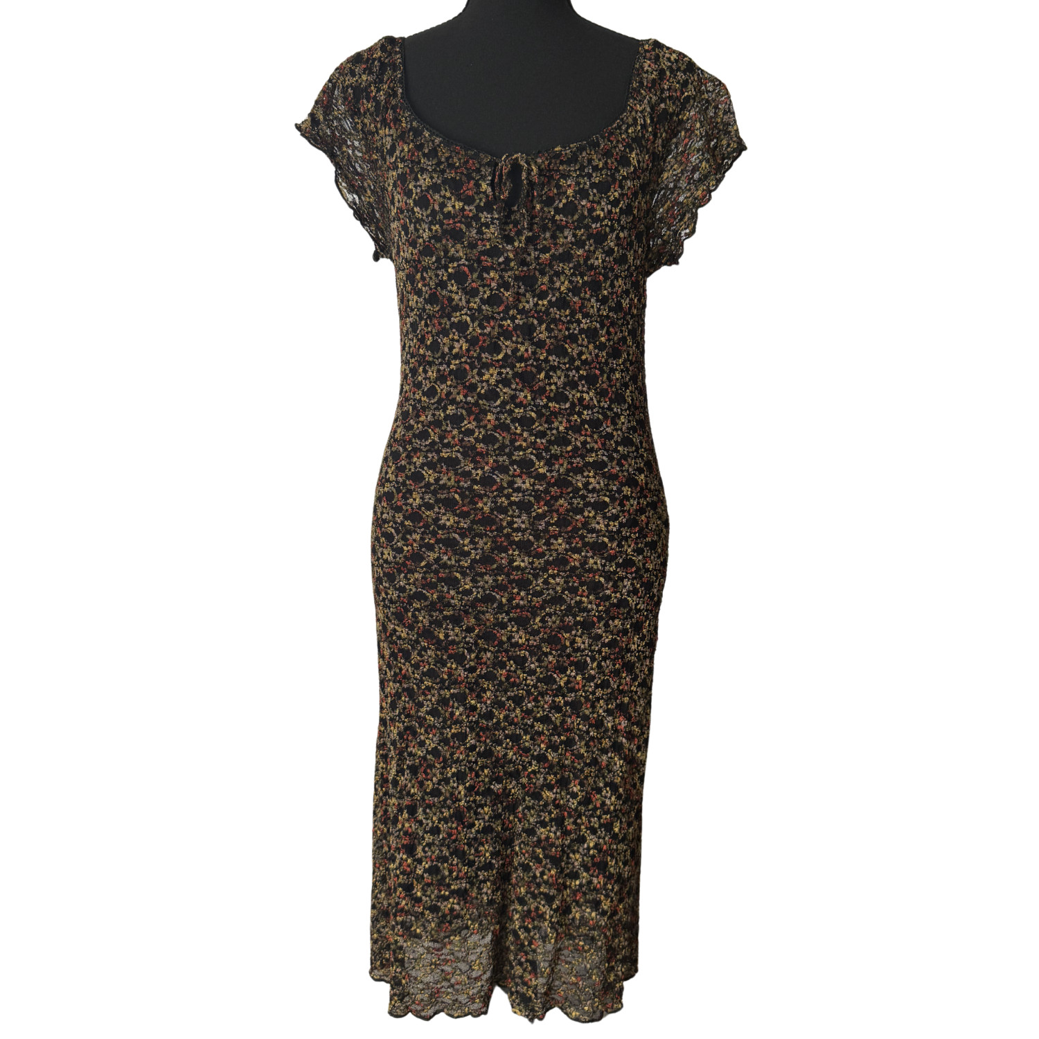 Vintage California Concepts Floral Black Mesh Dress Sz. Large Stretchy Midi Vintage California Concepts Floral Black Mesh Dress Sz. Large Stretchy Midi