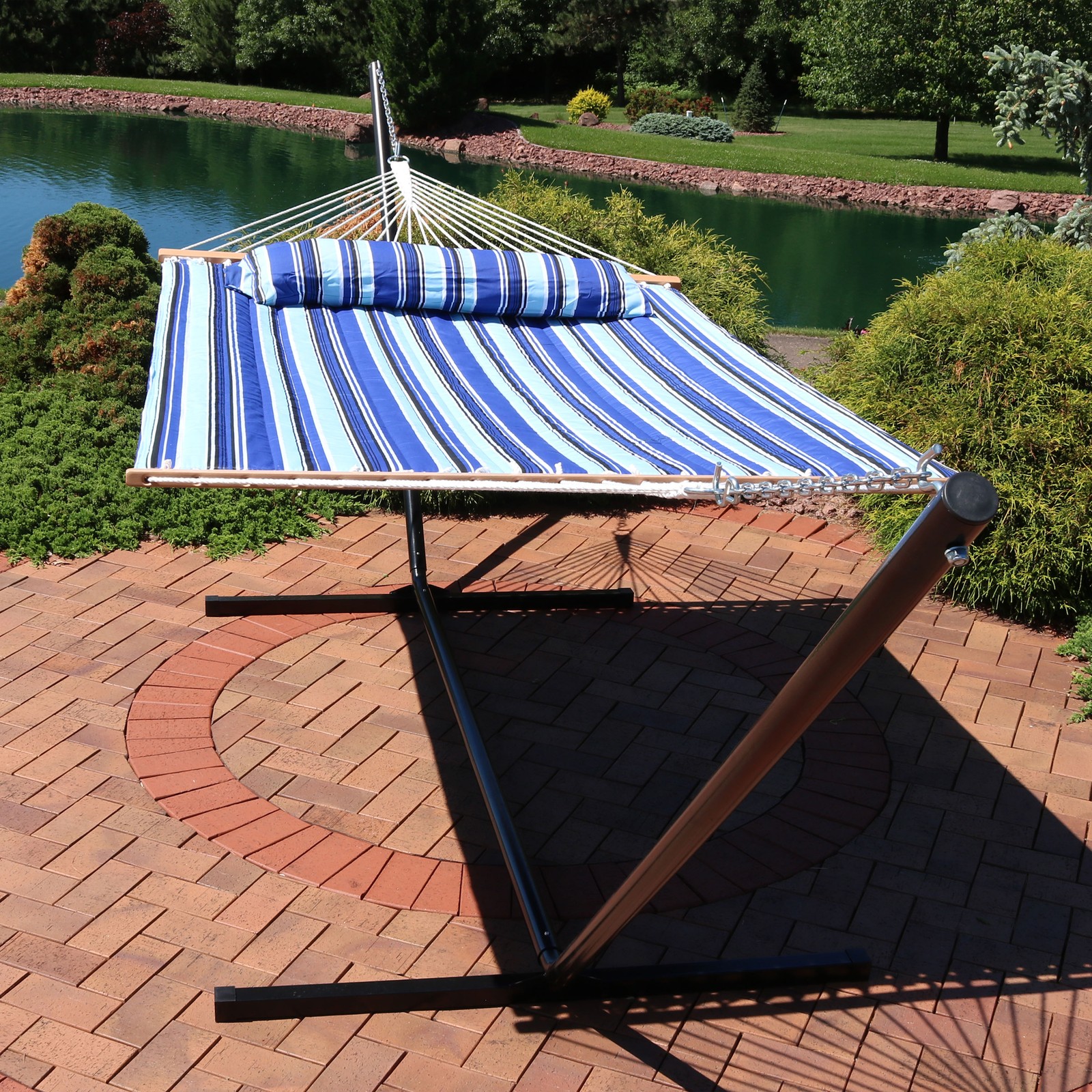 Quilted Double Outdoor Hammock with Stand, Catalina Beach by Sunnydaze