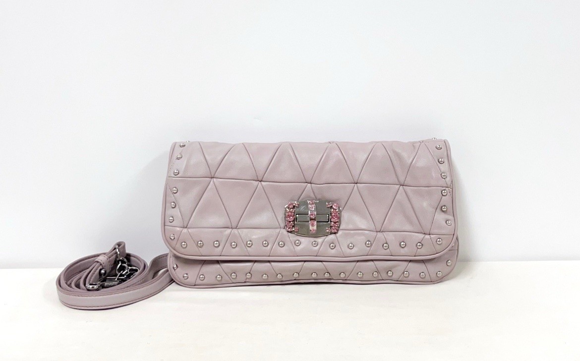 Miu Miu Lavender Quilted Studded Rhinestone Clutch/Crossbody Bag Turn Lock Bag Miu Miu Lavender Quilted Studded Rhinestone Clutch/Crossbody Bag Turn Lock Bag