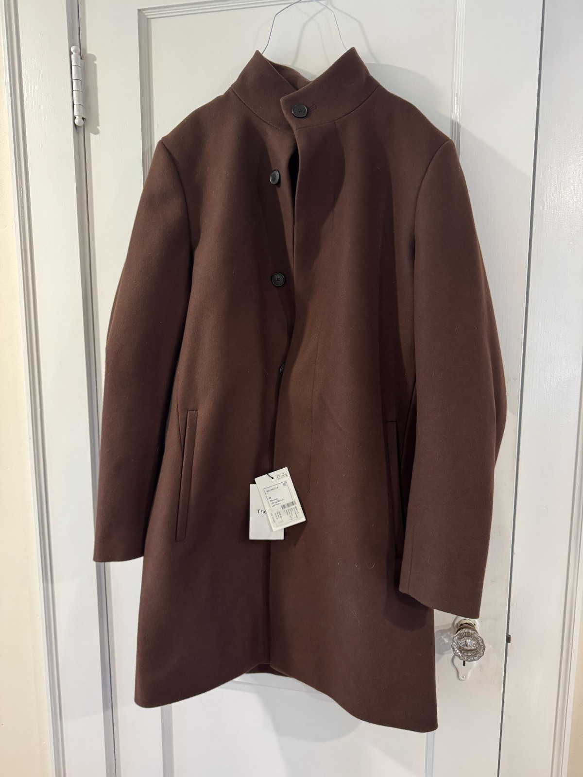 Theory Men\'s Maroon Wool Stand Collar Button-Front Belvin Overcoat Coat - Size M