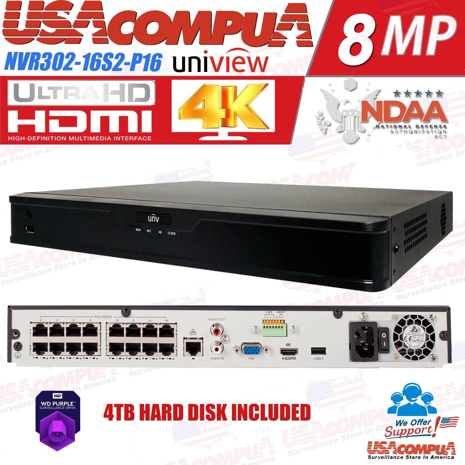 UNV Uniview 16 Channel 16 PoE NVR NDAA Compliant 4K Plug & Play PoE NVR 4TB PUR