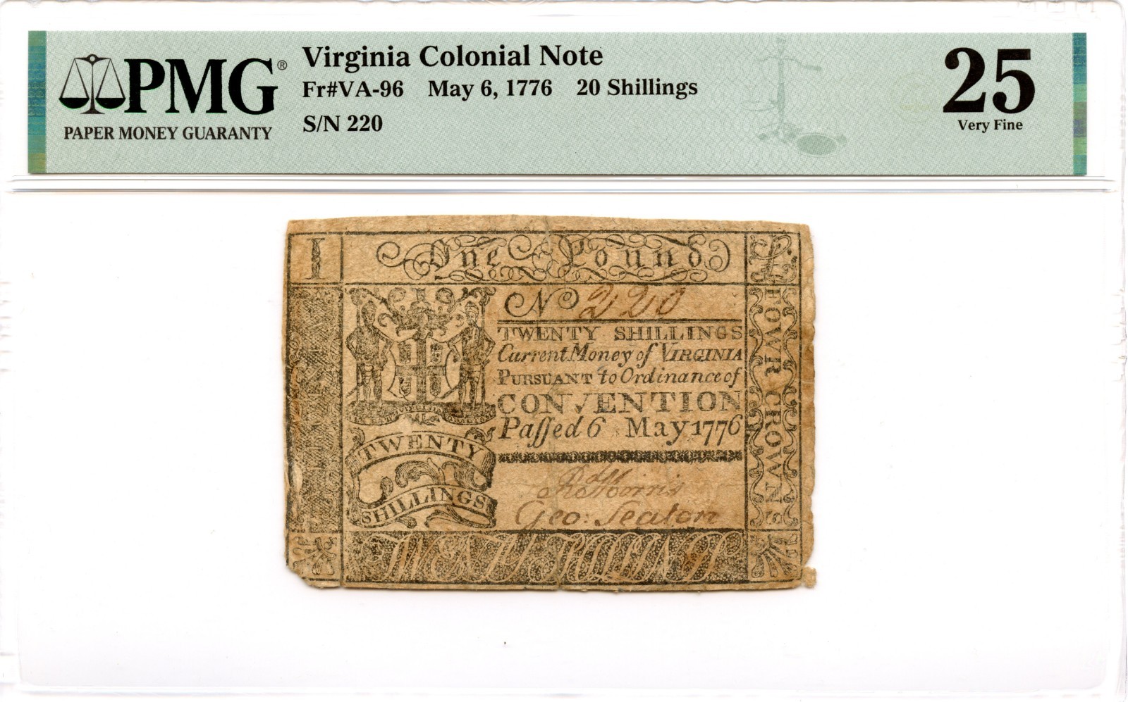 Virginia Colonial Note Fr#VA-96 May 6, 1776 20s PMG VF-25 *3 Known* Virginia Colonial Note Fr#VA-96 May 6, 1776 20s PMG VF-25 *3 Known*