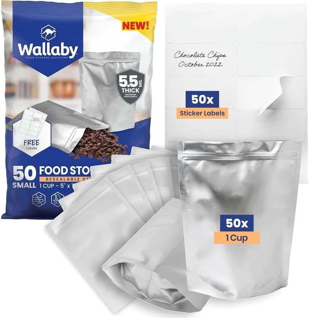 Wallaby 50 Count 1-Cup Gusset Mylar Bags, 11 Mil, Airtight, Silver, Heat-Sealabl Wallaby 50 Count 1-Cup Gusset Mylar Bags, 11 Mil, Airtight, Silver, Heat-Sealabl