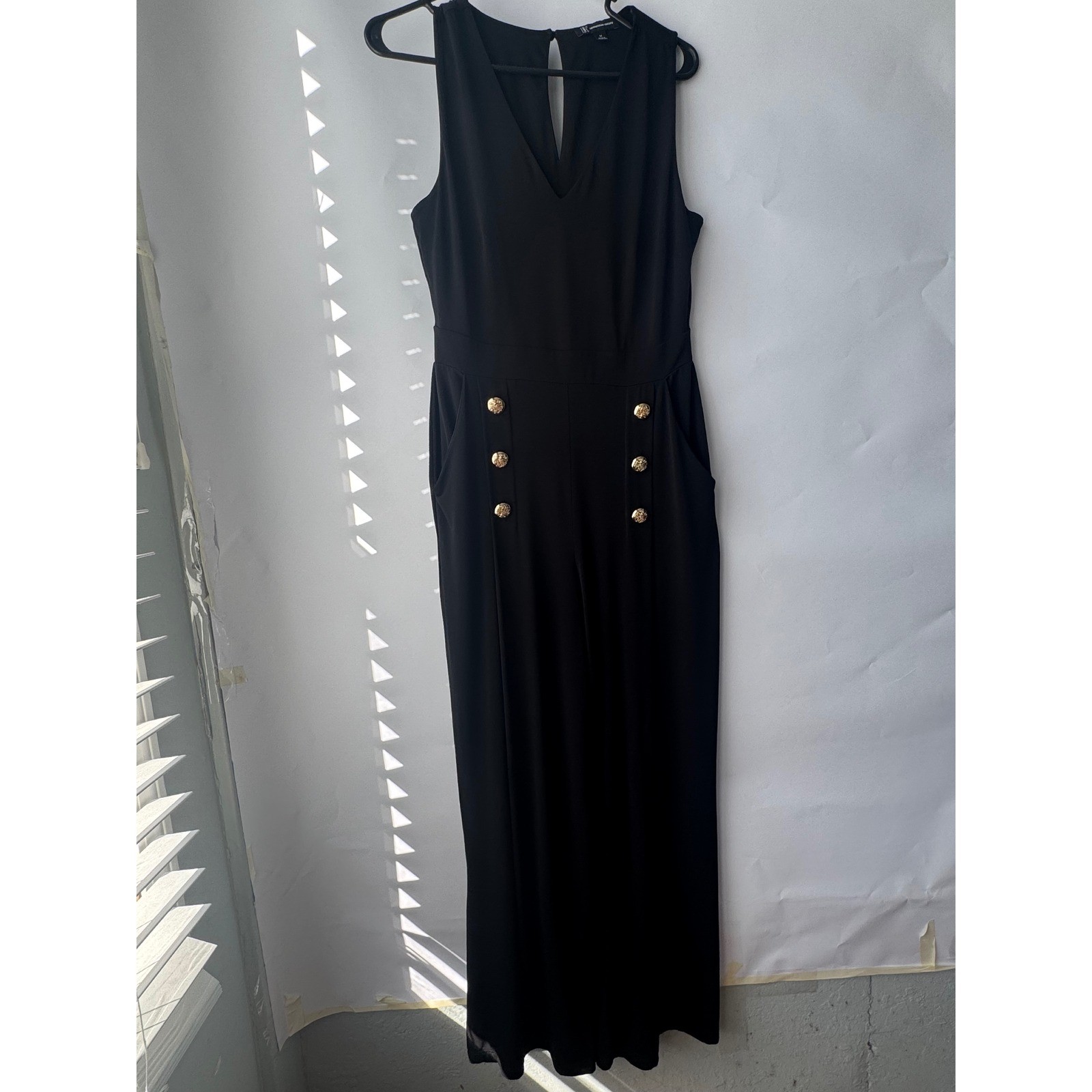INC International Concepts Black Wide Leg Jumpsuit Gold Buttons Sleeveless Sz M INC International Concepts Black Wide Leg Jumpsuit Gold Buttons Sleeveless Sz M