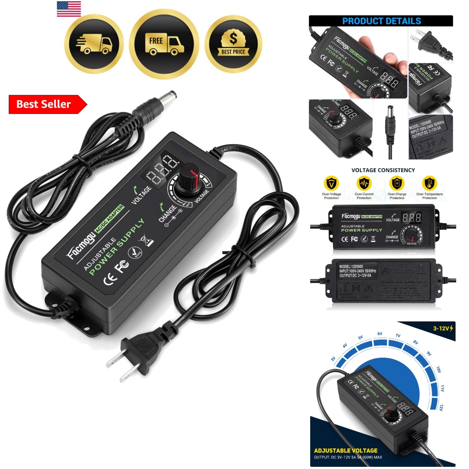 3V-12V 5A 60W Adjustable Power Supply with LED Display, Variable DC 3V 5V 6V ...