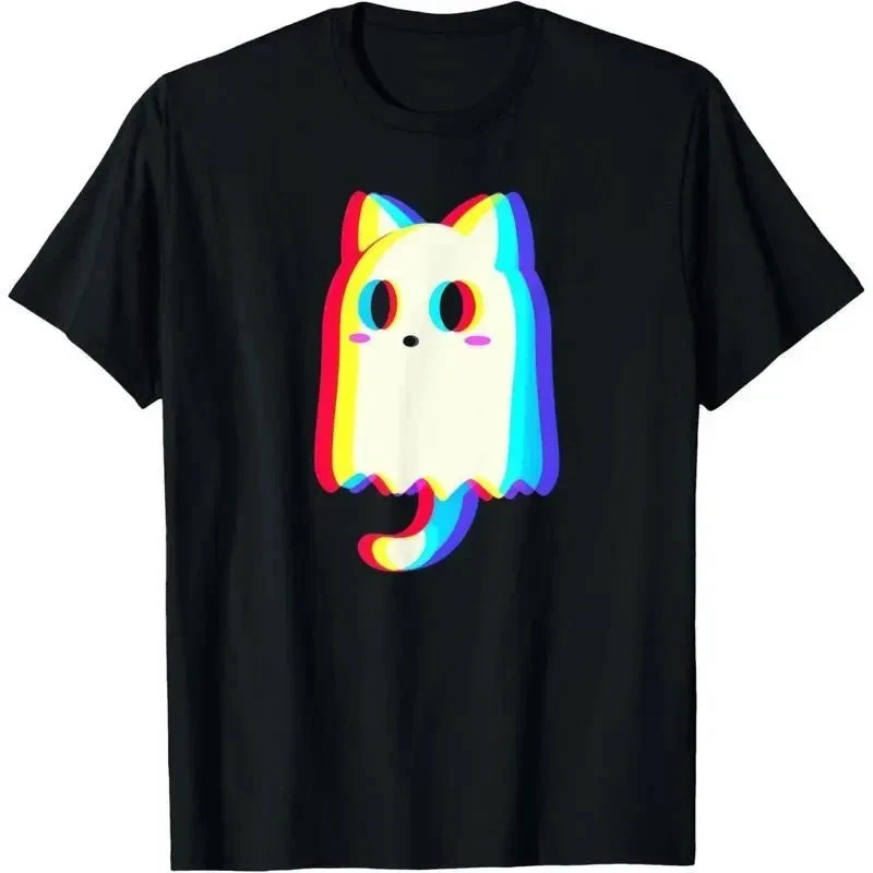 Trippy Vaporwave Ghost Cat Halloween  Men Women T-Shirt Graphic  Sizes S-5XL