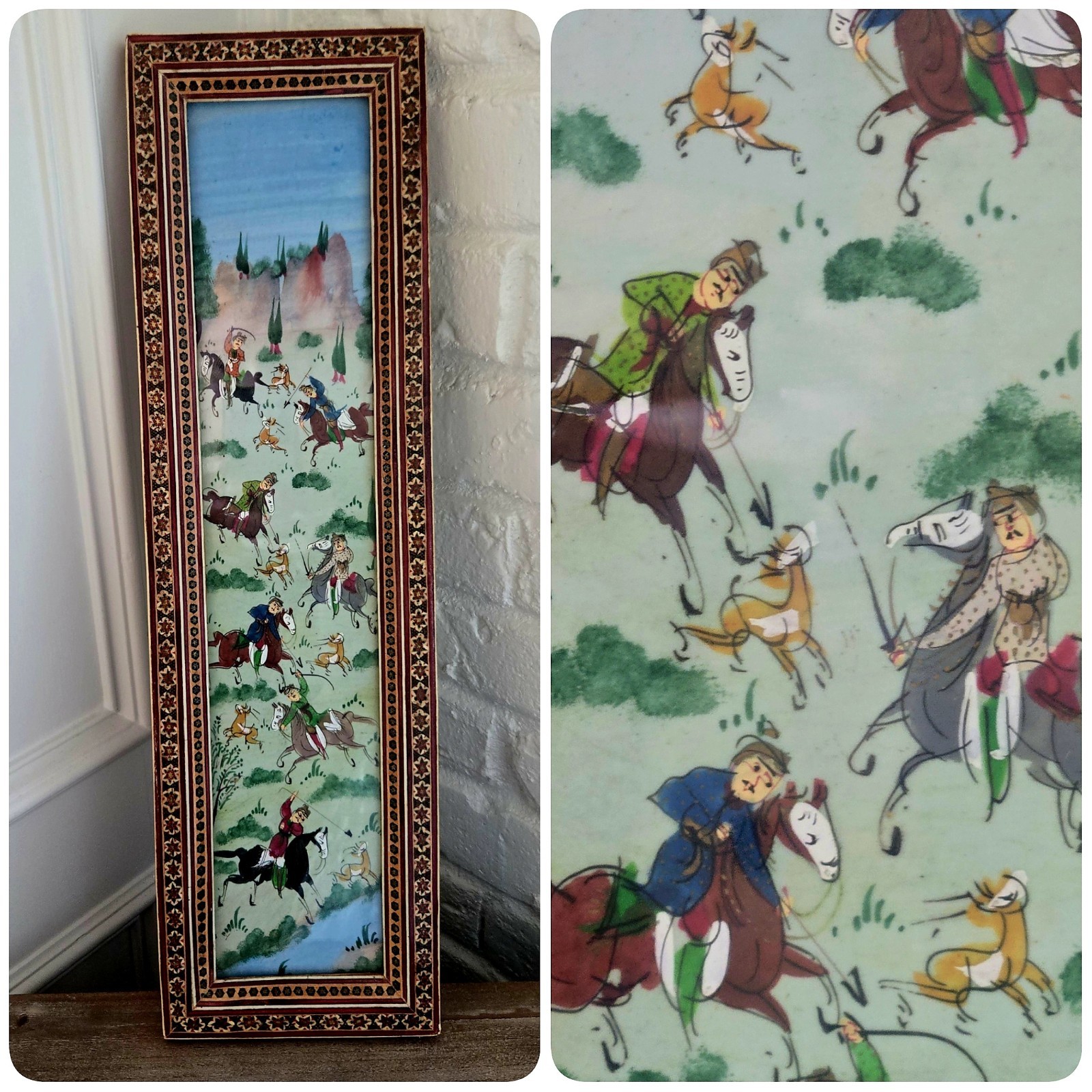 Antique Indo-Persian Watercolor & Inlay Persian Hunting Scene, 19\