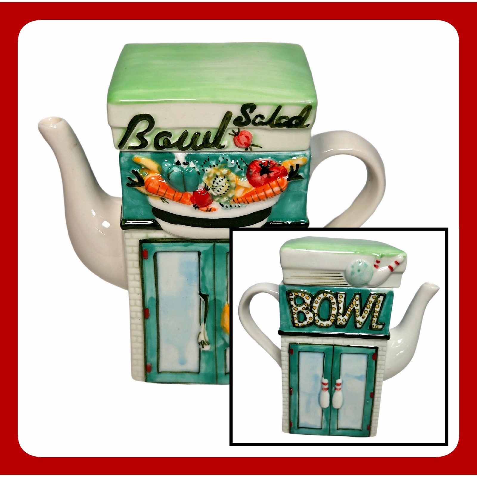 VTG Style Bowling Salad Teapot Ceramic Novelty Hand Painted Kitchen Collectible