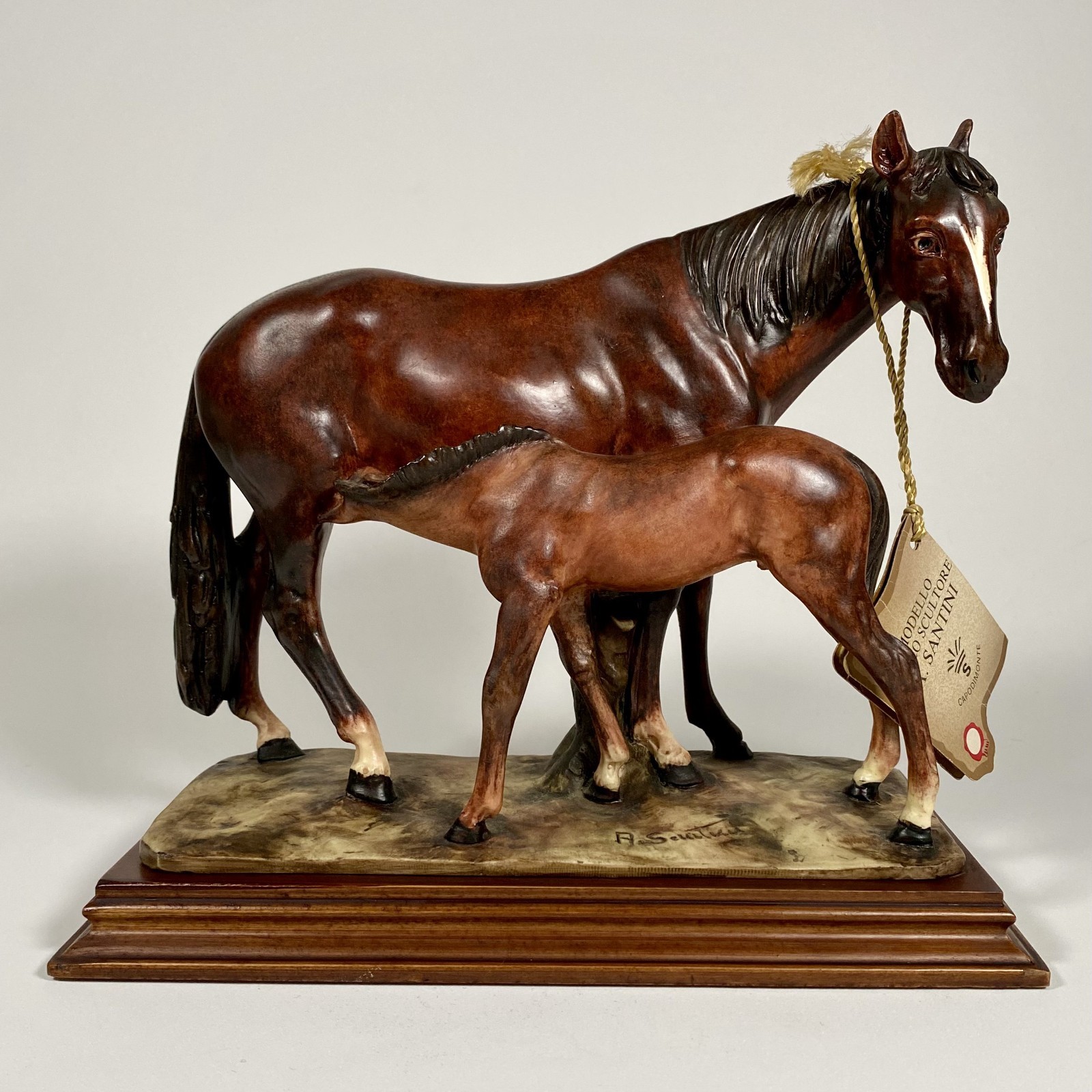 A Santini Capodimonte Mare Nursing Foal Horse Sculpture Italy #2049 Vintage