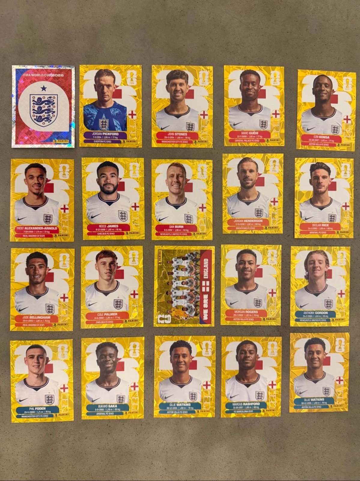 2026 Panini FIFA World Cup England Gold Crumple 20 Sticker Team Set RARE 