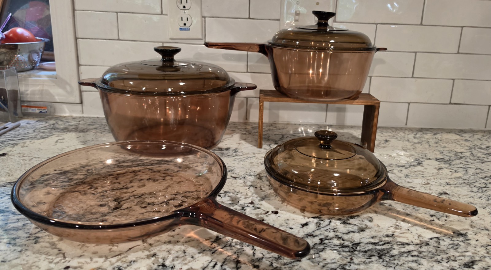 VTG Corning Visions Amber Glass Cookware 7pc Set Skillets Saucepan Stockpot Lids VTG Corning Visions Amber Glass Cookware 7pc Set Skillets Saucepan Stockpot Lids