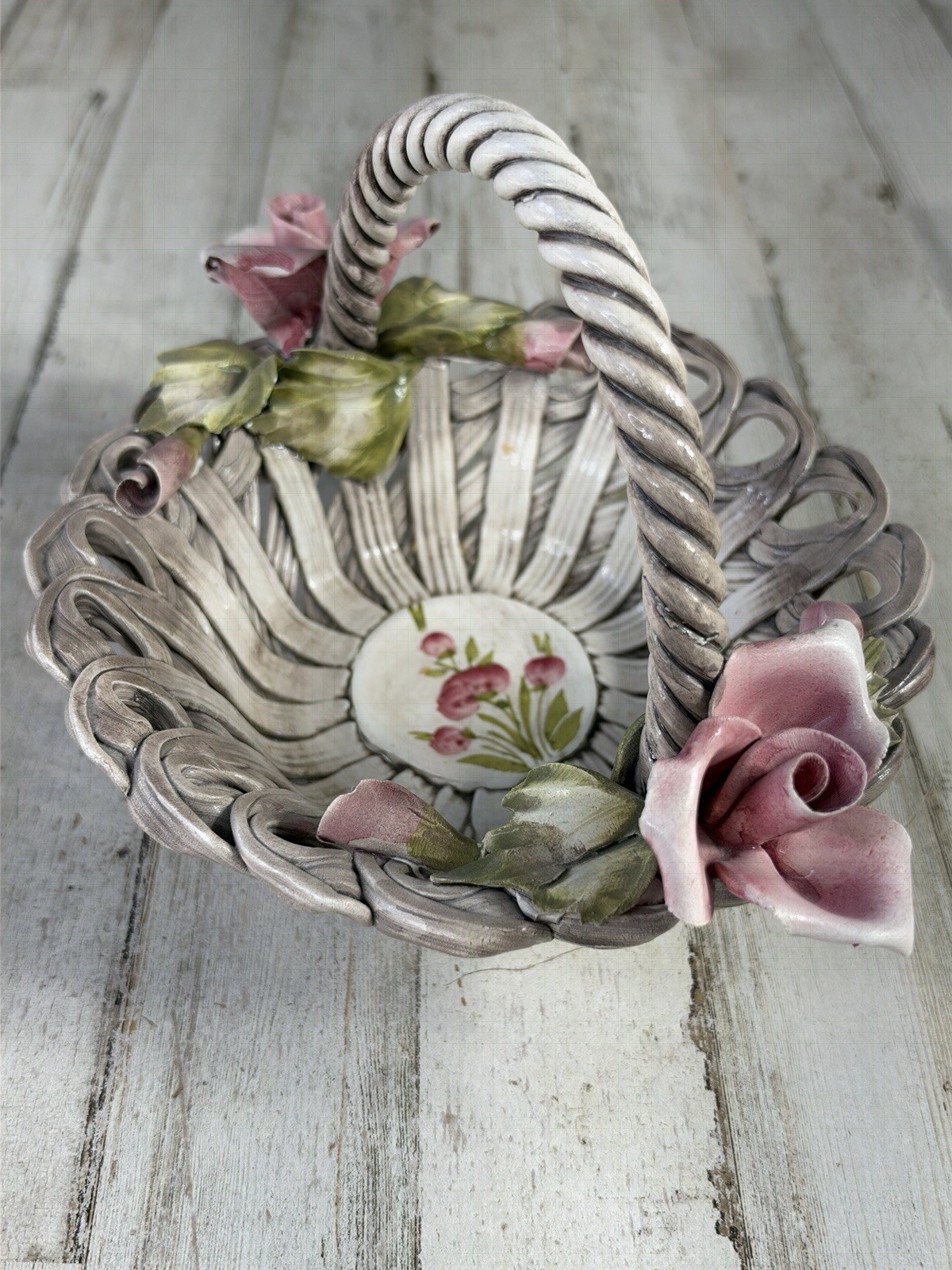 Vtg Italian Woven Porcelain Flower Basket Mid Century Capodimonte Style Italy Vtg Italian Woven Porcelain Flower Basket Mid Century Capodimonte Style Italy