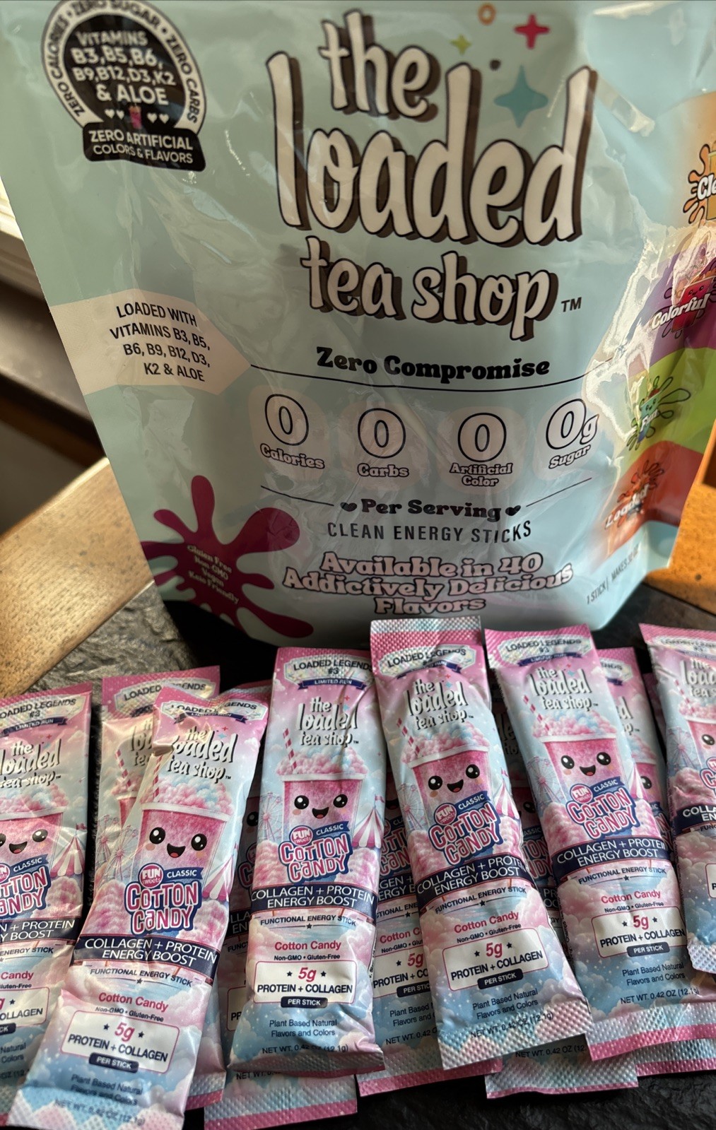 the loaded tea shop Cotton Candy Collagen Energy Protein 11 sticks the loaded tea shop Cotton Candy Collagen Energy Protein 11 sticks
