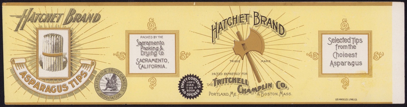 HATCHET BRAND antique can label ASPARAGUS TIPS Sacramento Boston Portland 1910s