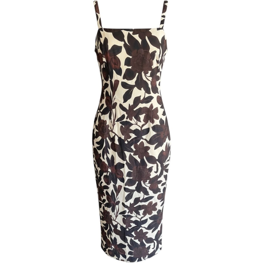 Commense Floral Midi Dress Brown Cream Open Back Ruched Strap Sheath NEW Commense Floral Midi Dress Brown Cream Open Back Ruched Strap Sheath NEW