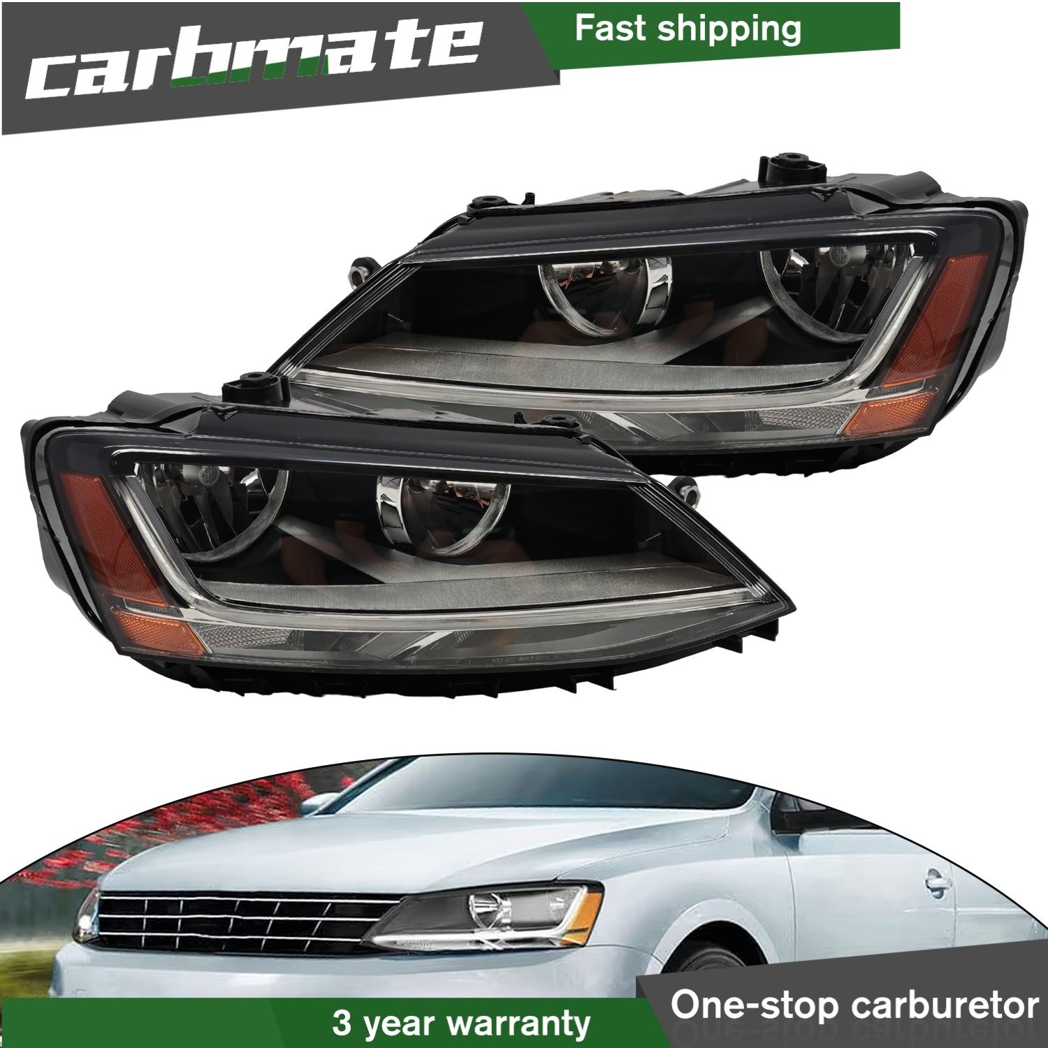 For 2017-2018 Volkswagen Jetta Headlight Halogen w/LED DRL&Bulb Left+Right Pair