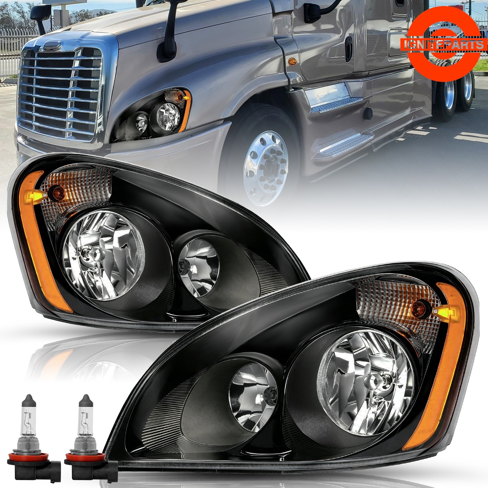 For 2008-2017 Freightliner Cascadia Black Headlights Headlamps Left+Right For 2008-2017 Freightliner Cascadia Black Headlights Headlamps Left+Right