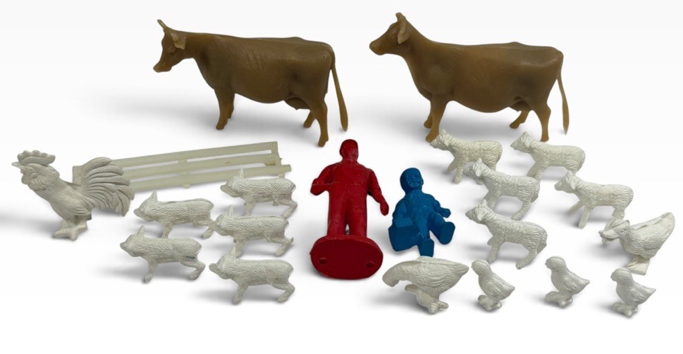 LOT (21) Vintage 1950s Ohio Art Rubber Farmer Boy Farm Animals Brown White Fence
