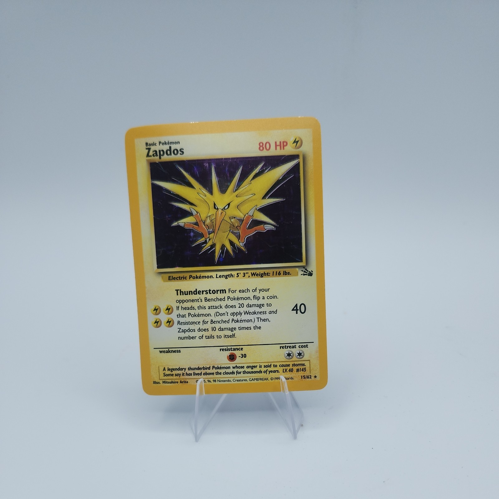 Pokemon TCG Fossil Zapdos 15/62 Holo Unlimited Holo Rare English 80 HP 1999 WOTC