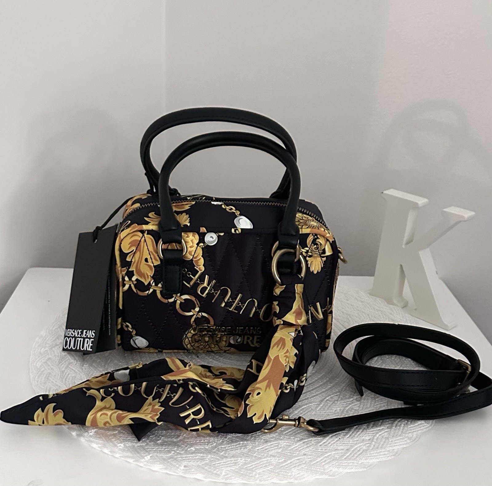 Versace jeans Couture 2-way Quilted Satin Boston Crossbody Bag and Scarf NEW