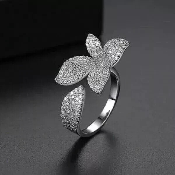 1.40Ct Round Cut Real Moissanite Flower Women Wedding Ring 14K White Gold Plated