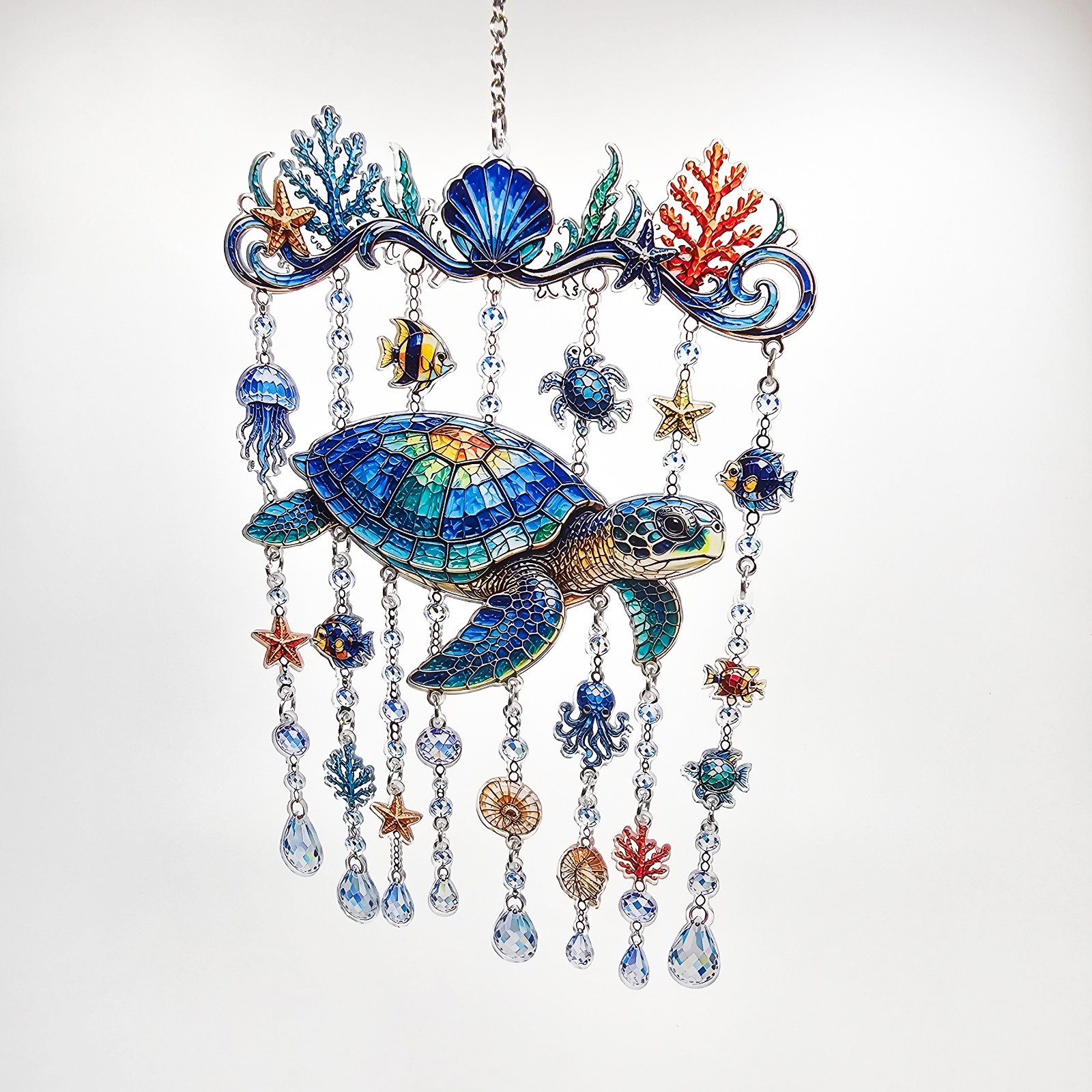 Sea Turtle Suncatcher Wind Chime Stained Glass Style Acrylic Coastal Ocean Decor Sea Turtle Suncatcher Wind Chime Stained Glass Style Acrylic Coastal Ocean Decor