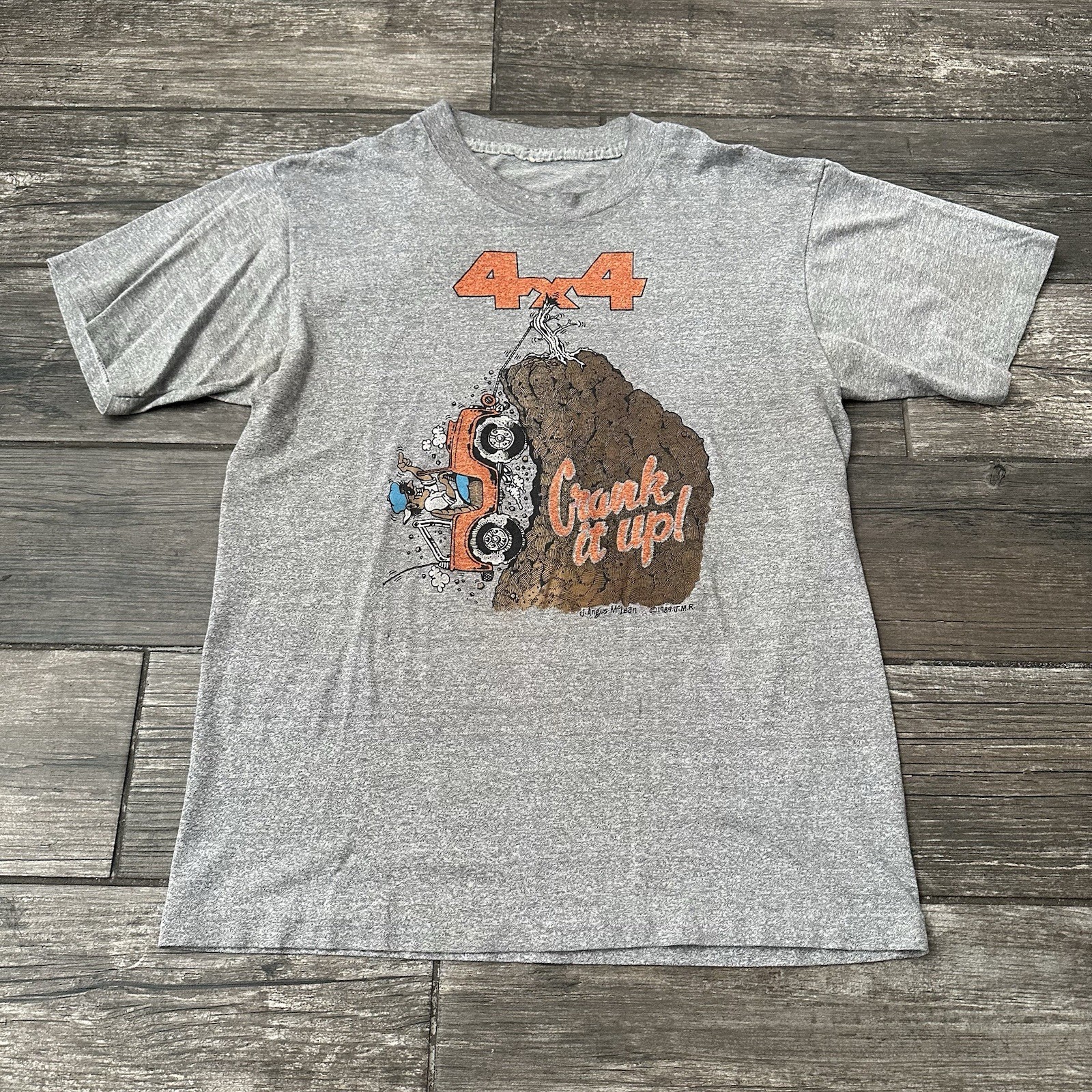 VTG 80s JEEP 4X4 PROMO HEATHER GRAY T-SHIRT CRANK IT UP THE HILL GRAPHIC FITS S VTG 80s JEEP 4X4 PROMO HEATHER GRAY T-SHIRT CRANK IT UP THE HILL GRAPHIC FITS S