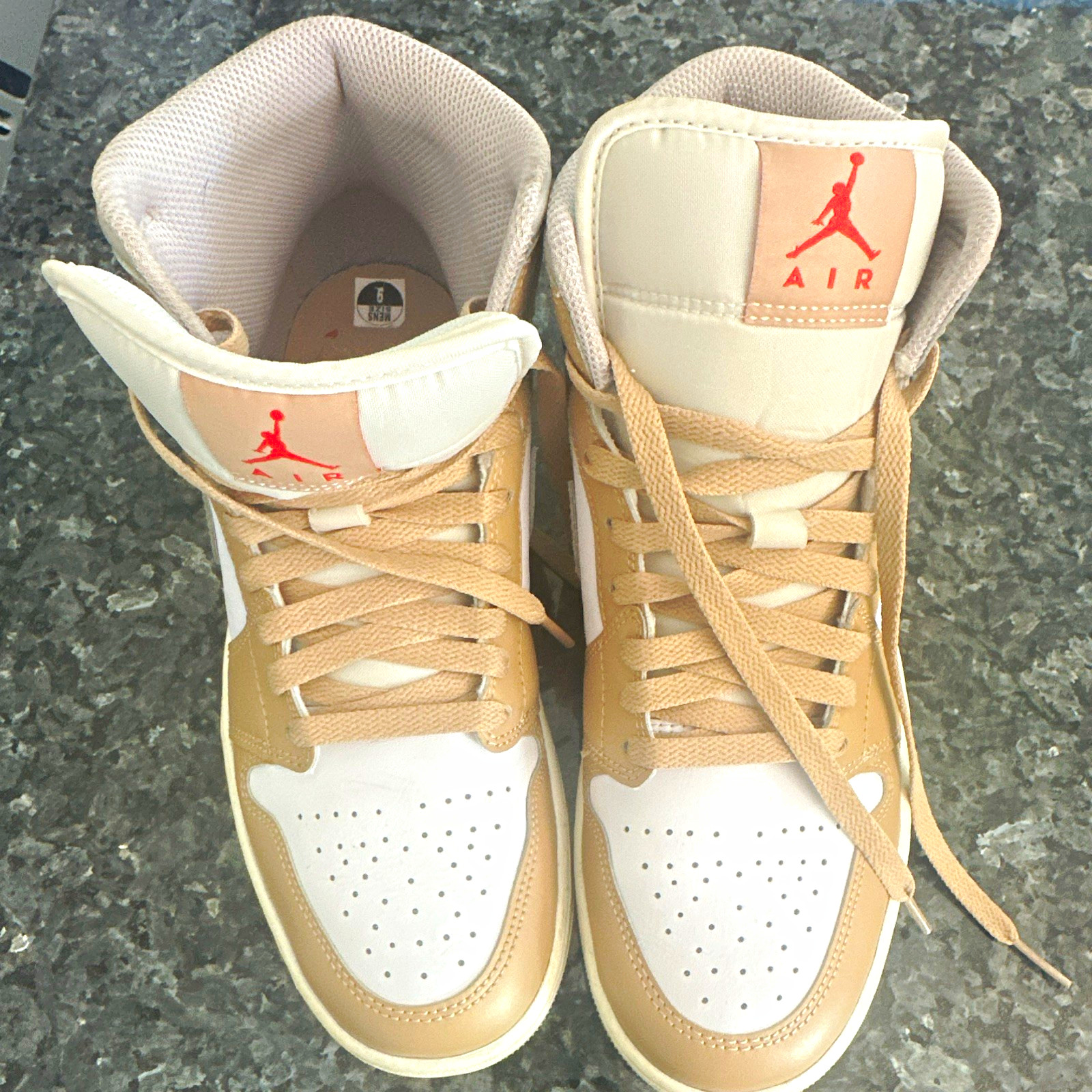 Jordan Air Jordan 1 Mid Tan/White/Gray/Red Mid Top Lace-Up Colorblock Men Jordan Air Jordan 1 Mid Tan/White/Gray/Red Mid Top Lace-Up Colorblock Men
