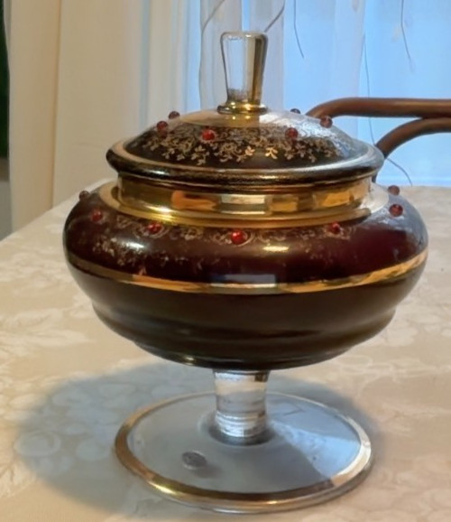 Vintage Cobalt Blue & Clear Glass with Gold Gilt Pedestal Covered Candy Dish 8 Vintage Cobalt Blue & Clear Glass with Gold Gilt Pedestal Covered Candy Dish 8