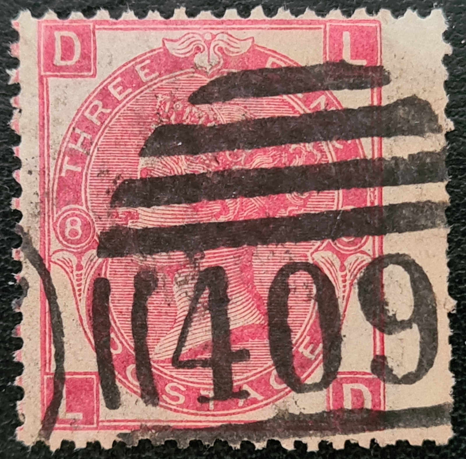 GB QV 1868 SG 103 3d. rose Plate 8 Letters L-D Right Wing Margin used #S834# GB QV 1868 SG 103 3d. rose Plate 8 Letters L-D Right Wing Margin used #S834#