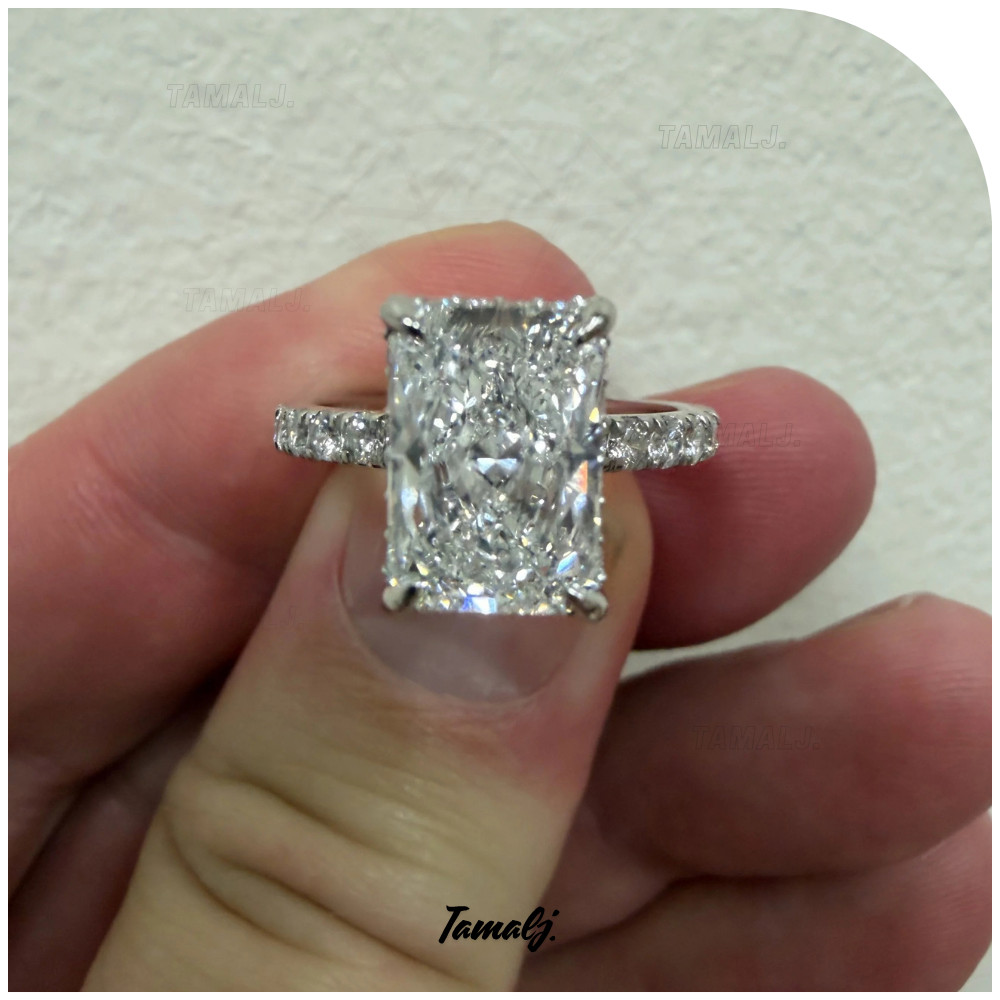 4ct hidden halo Radiant Cut Moissanite engagement ring In 14k White Gold Plated